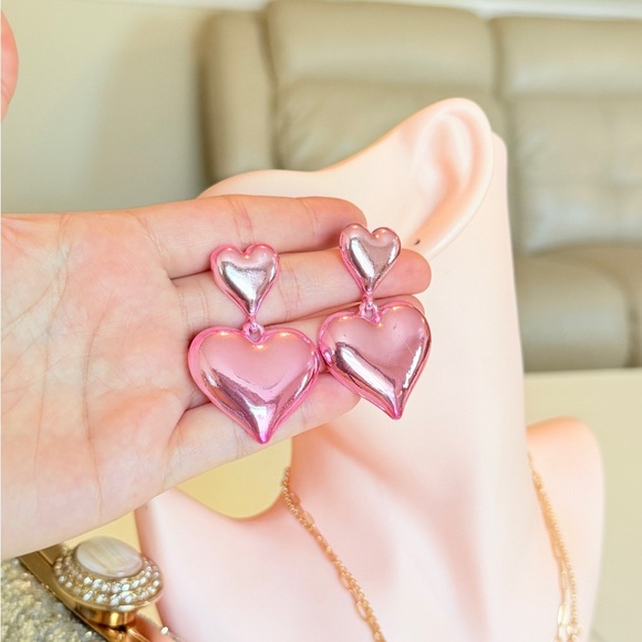 Pink and Silver Heart Earrings - Picture 8 of 10